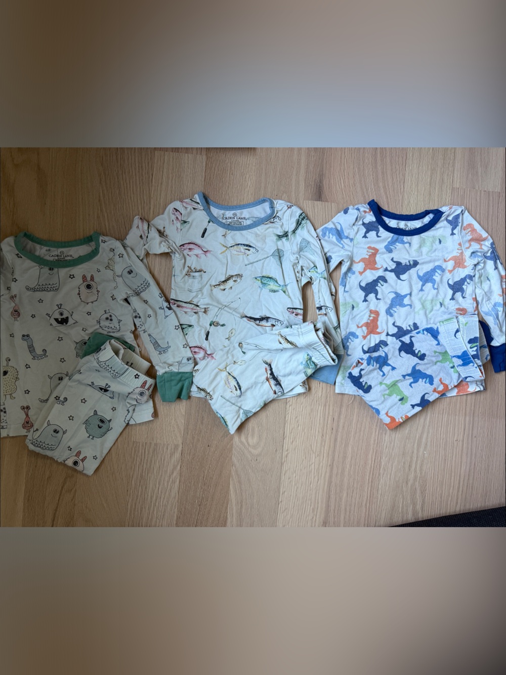 Three PJ sets from Caden Lane - monsters, fish, and Dinos